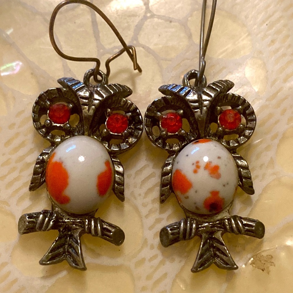 Vintage Owl Drop Earrings with White and Orange Stone Accents